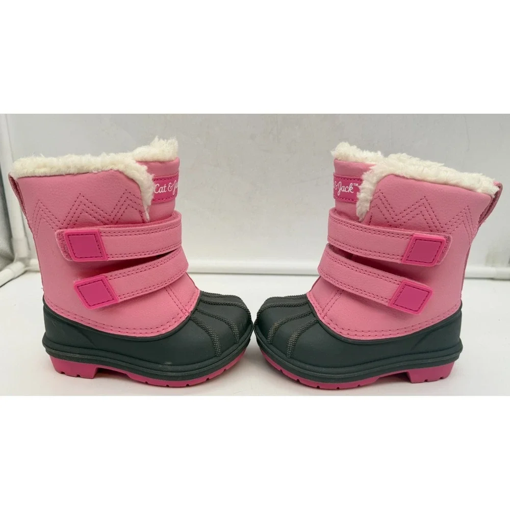 Cat & Jack Pink Grey Faux Fur Trim Winter Cute Snow Boots Toddler Girl's Size 5